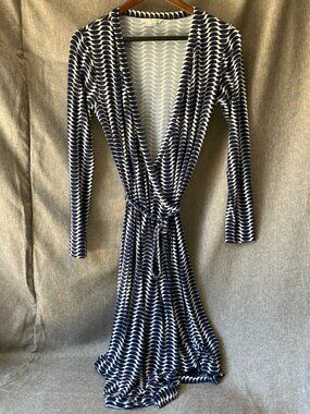Boden Women’s Size 8L Long Sleeve Wrap Dress Navy White Stretch Jersey